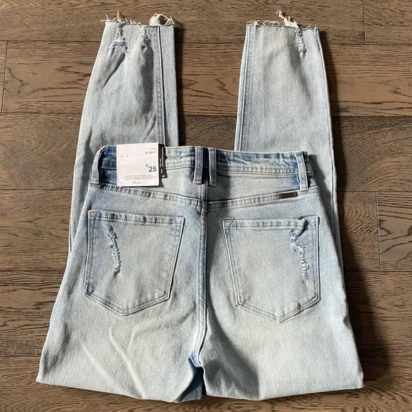 KanCan Mom High Waist Relaxed Thigh Tapered Leg Distressed Frayed Hem Jeans